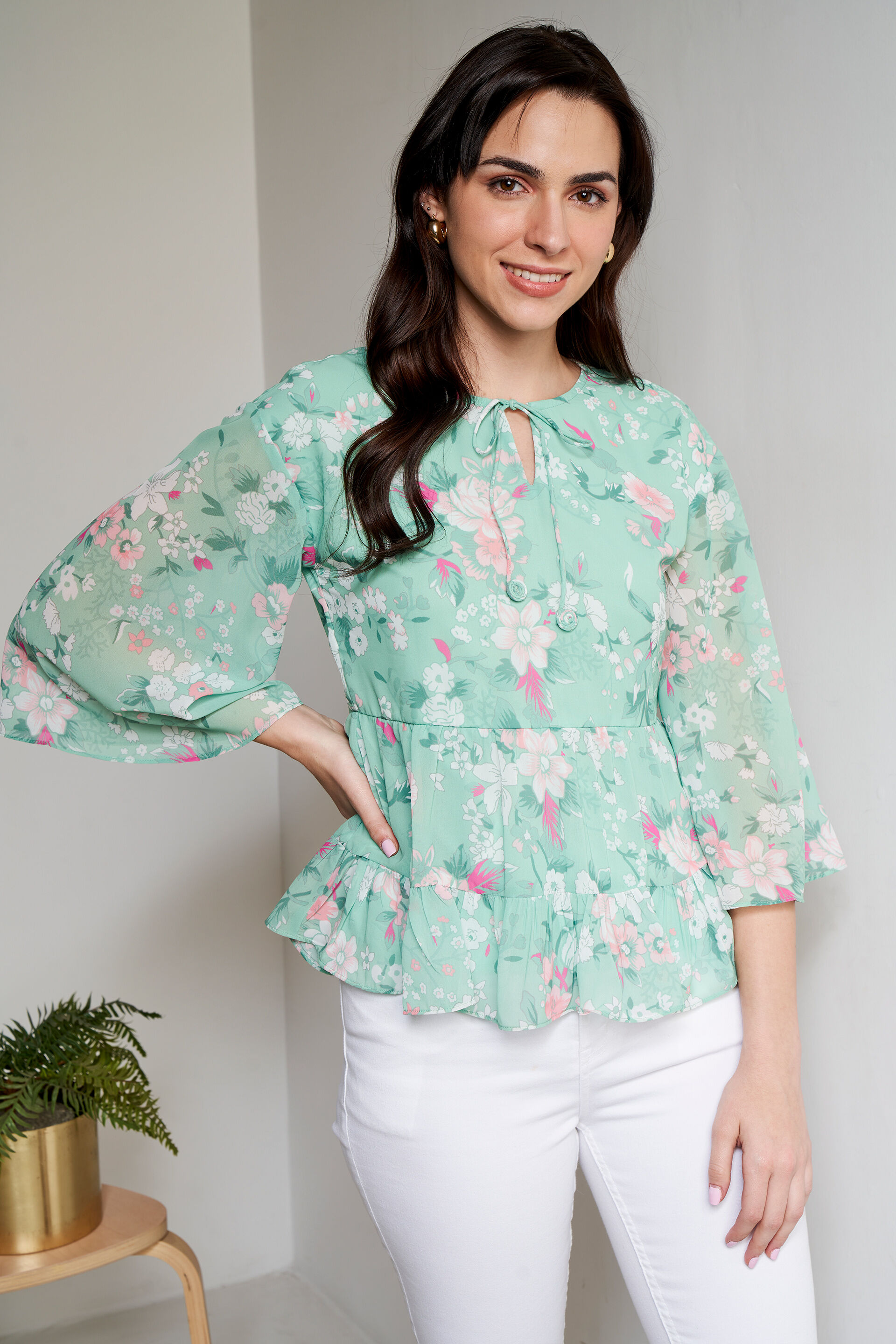 Buy Green Floral Flared Top Online at Best Price at ANDIndia SS23AJ152TN148