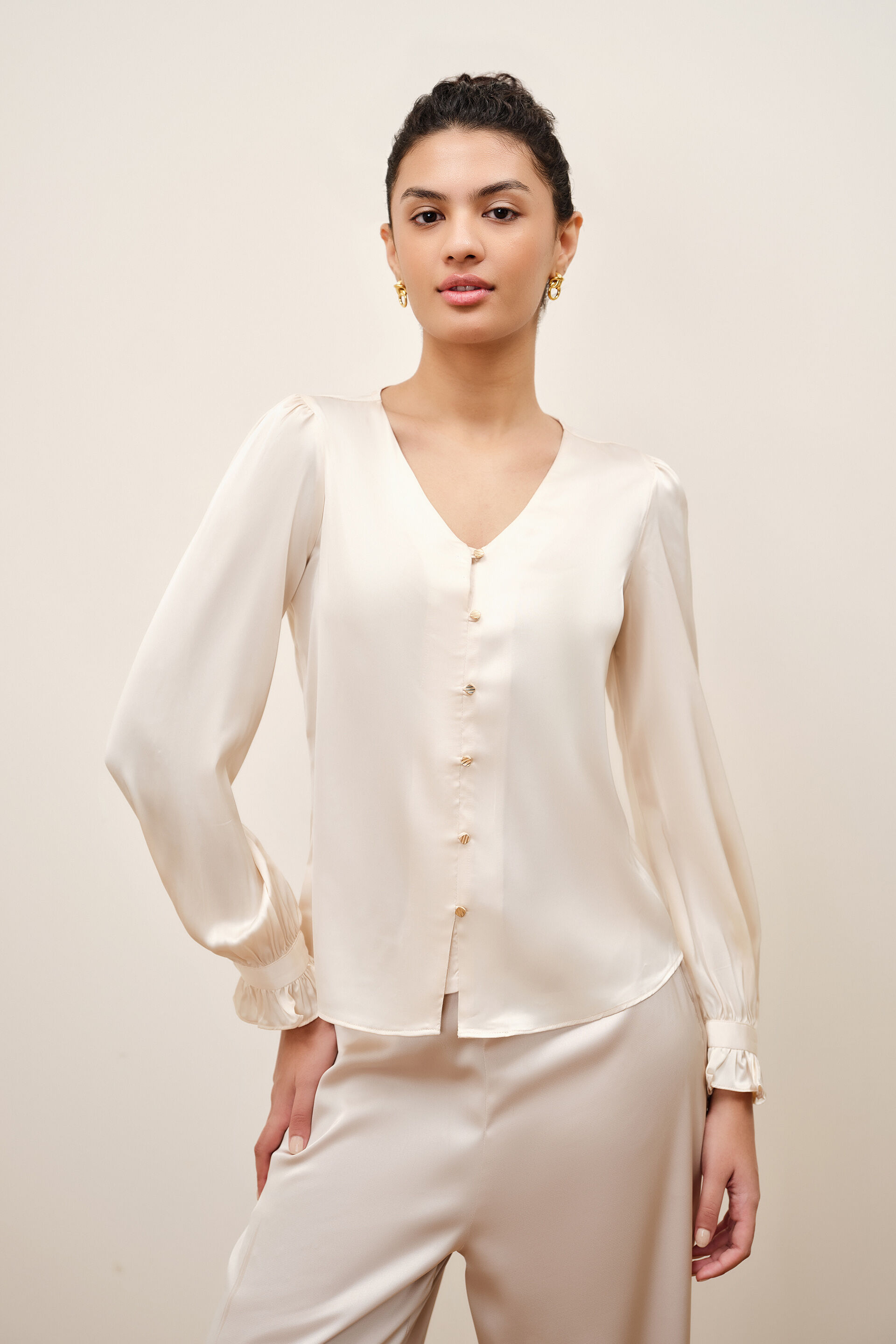 Salvia Cream Satin Top, Cream, image 2