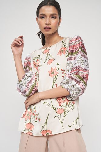 1 - Cream and Pink Floral Printed A-Line Top, image 1
