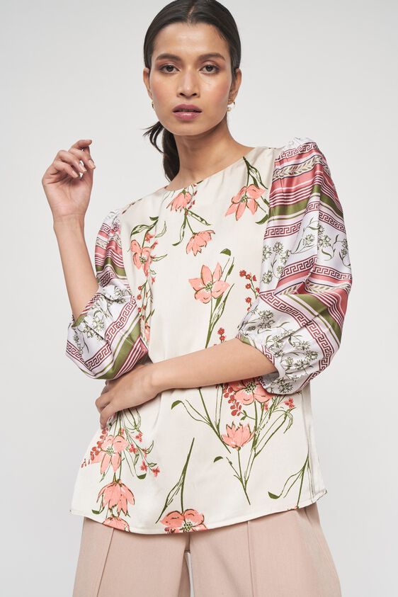 1 - Cream and Pink Floral Printed A-Line Top, image 1