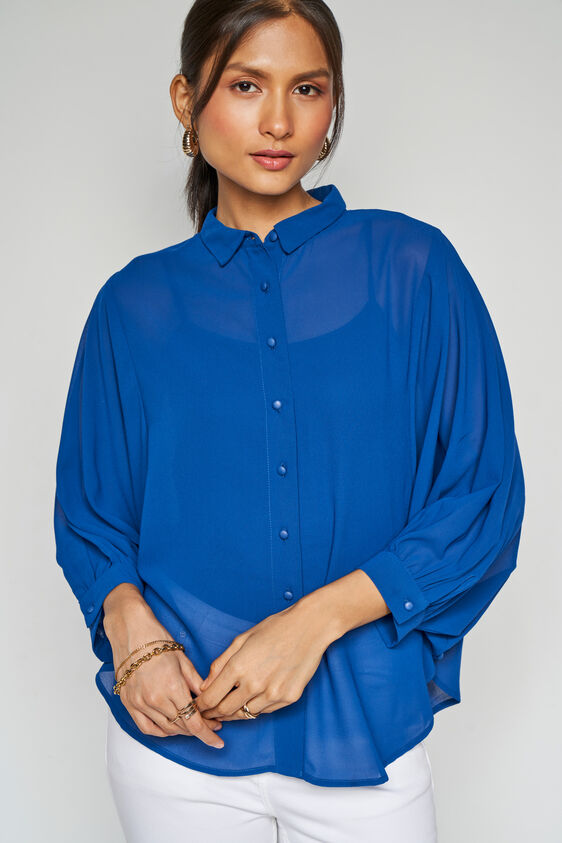 Blue Solid Curved Top, Blue, image 1