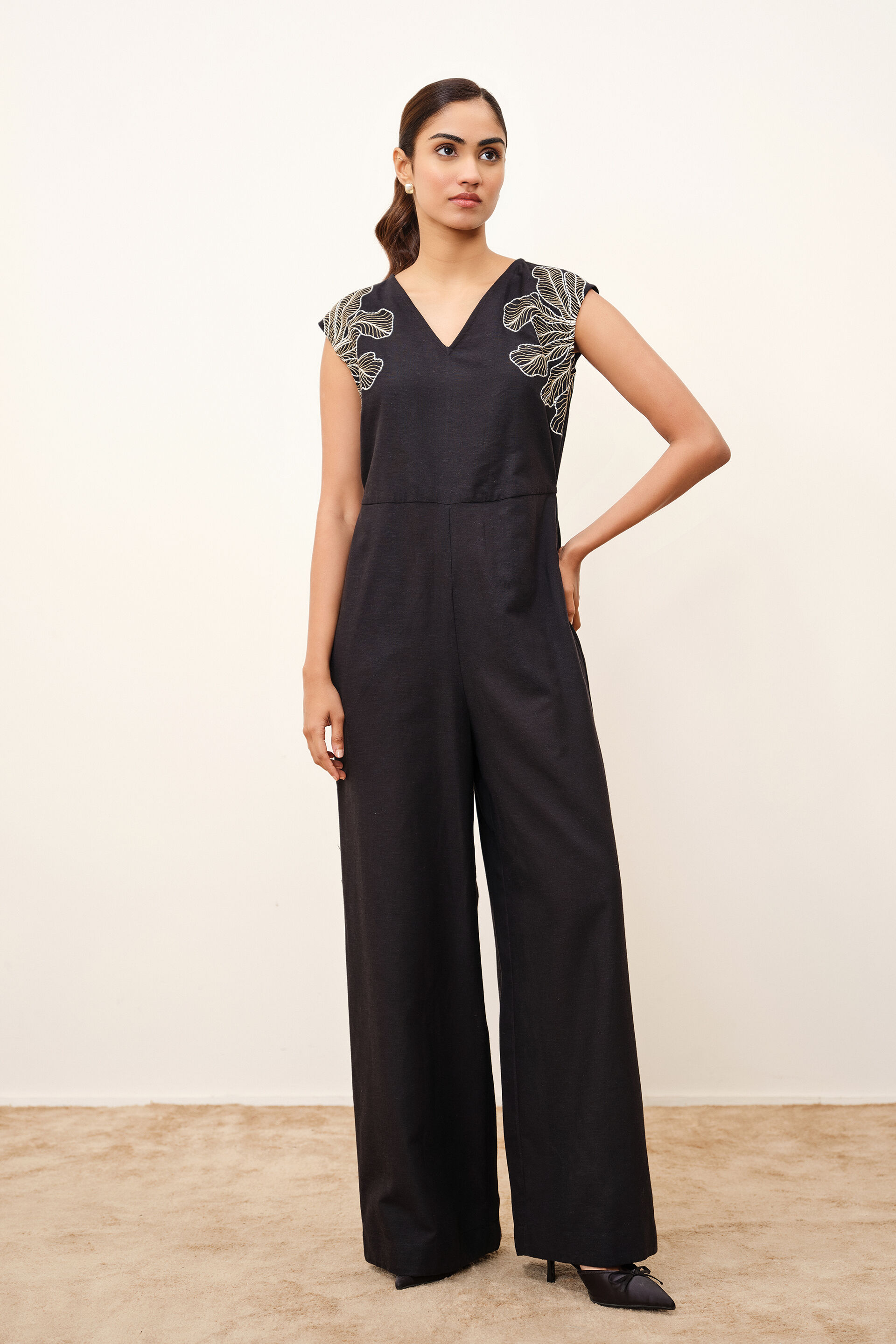 Clarion Embroidered Black Jumpsuit, Black, image 1