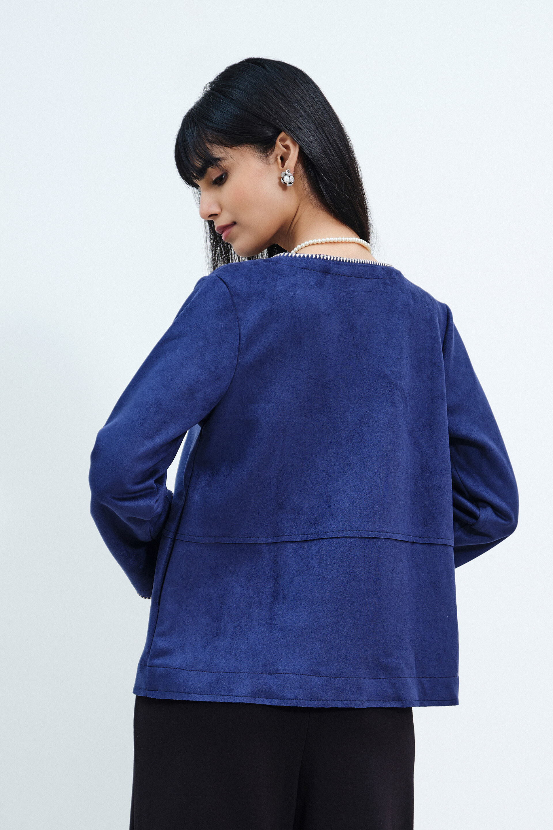 Navy Suede Open Jacket, Blue, image 7
