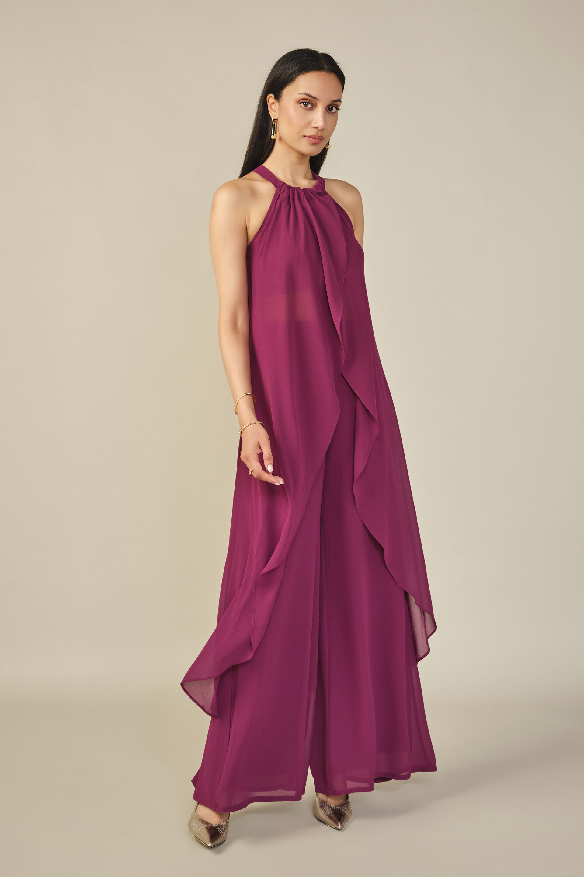 Halter Neck Asymmetric Co-ord in Burgundy