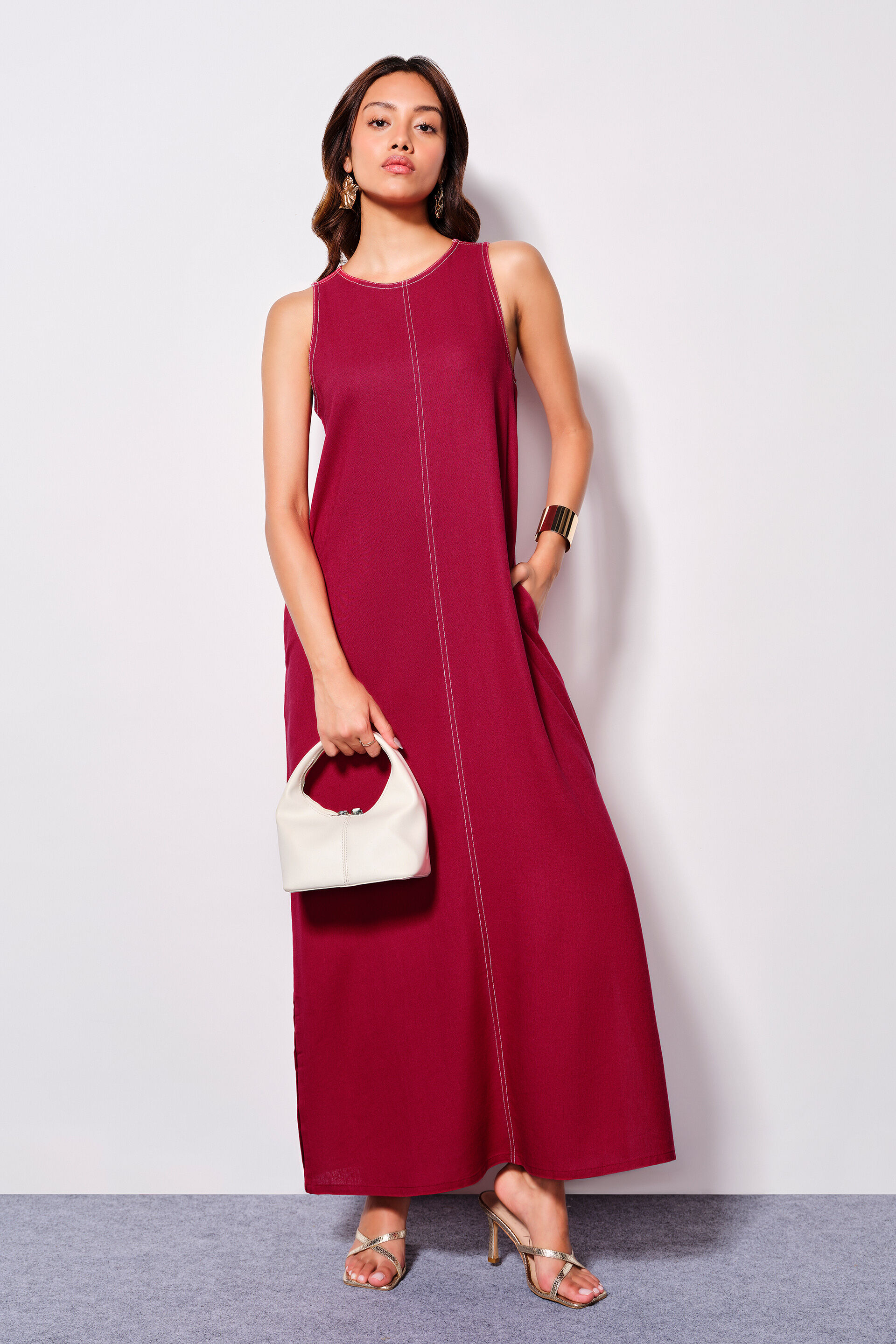 Maroon Melodies Viscose Blend Maxi Dress, Maroon, image 1