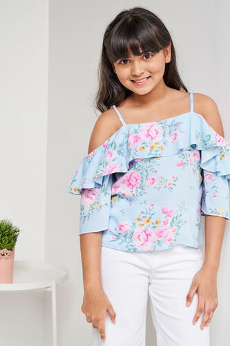 Blue and Pink Floral Square Neck Top, Blue, image 3