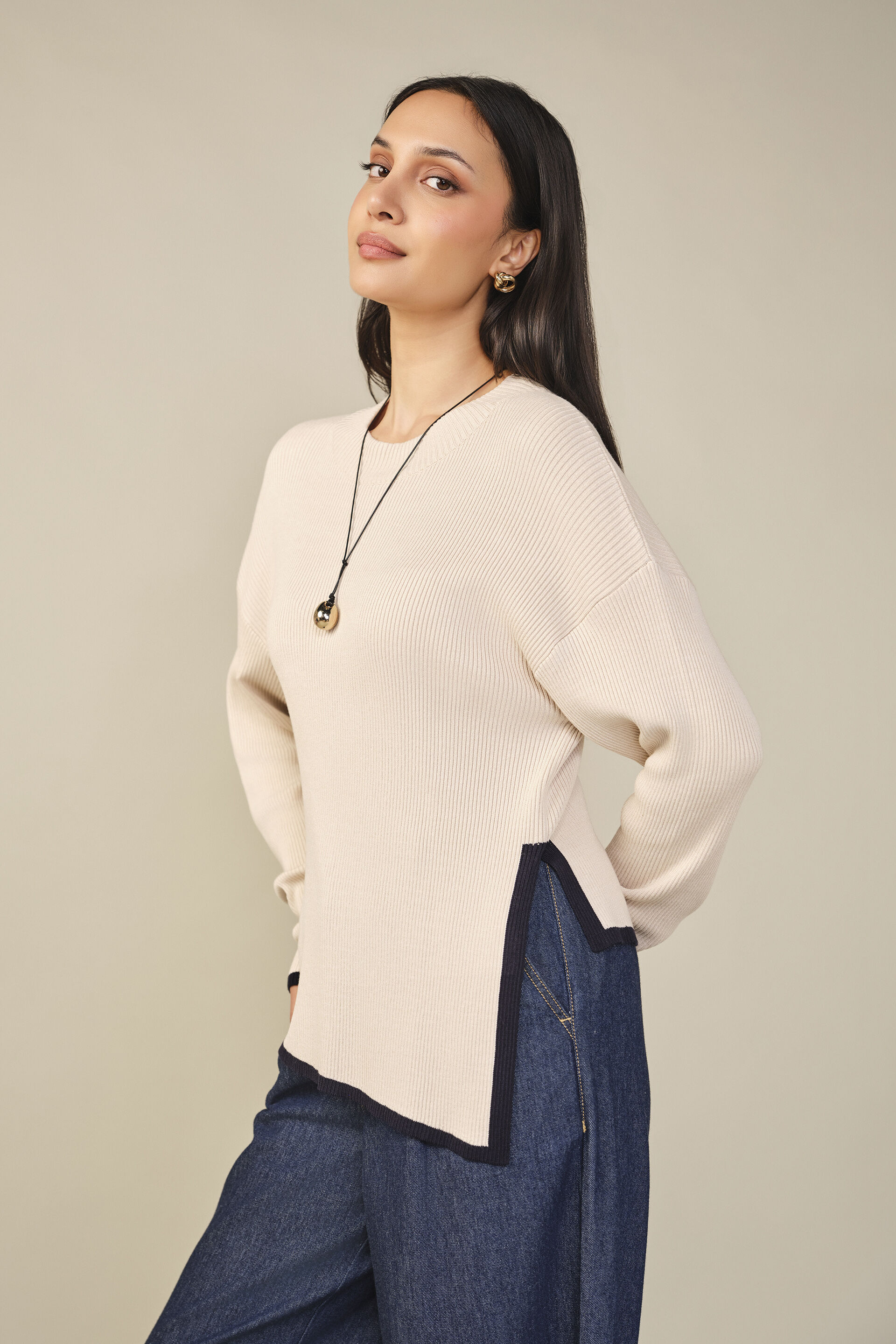 Solid Knit Pullover in Beige, Beige, image 3