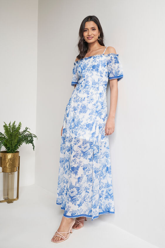 Blue and White Floral Flared Gown, Blue, image 3
