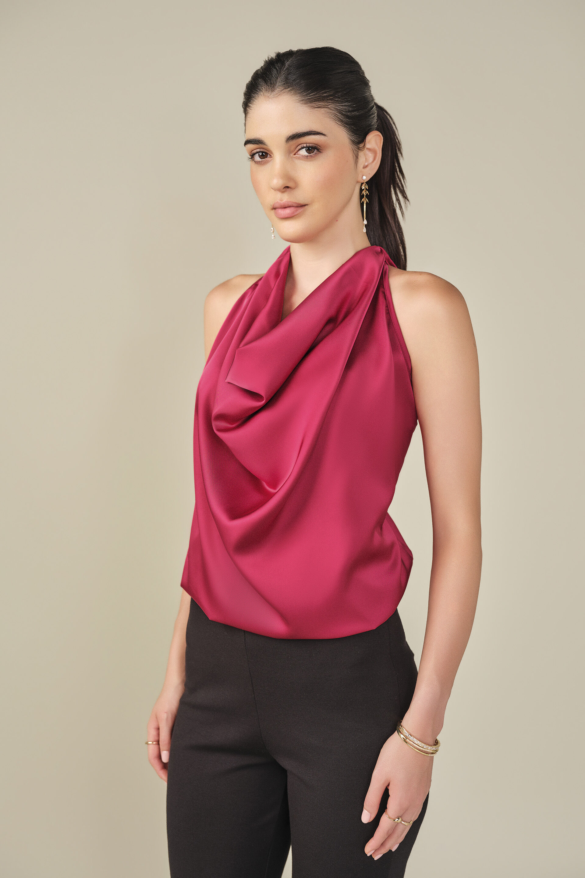 Cowl Neck Satin Top in Red, Red, image 3