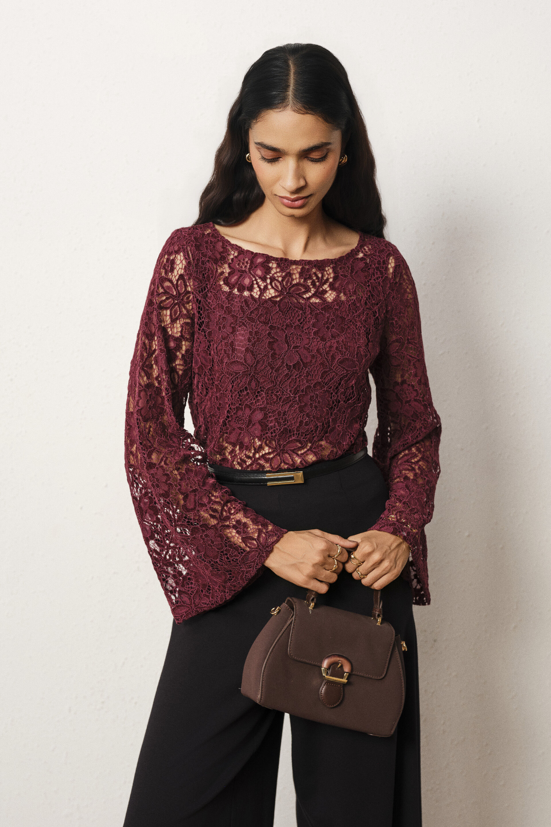 Lace Full Sleeves Top in Wine, Wine, image 8