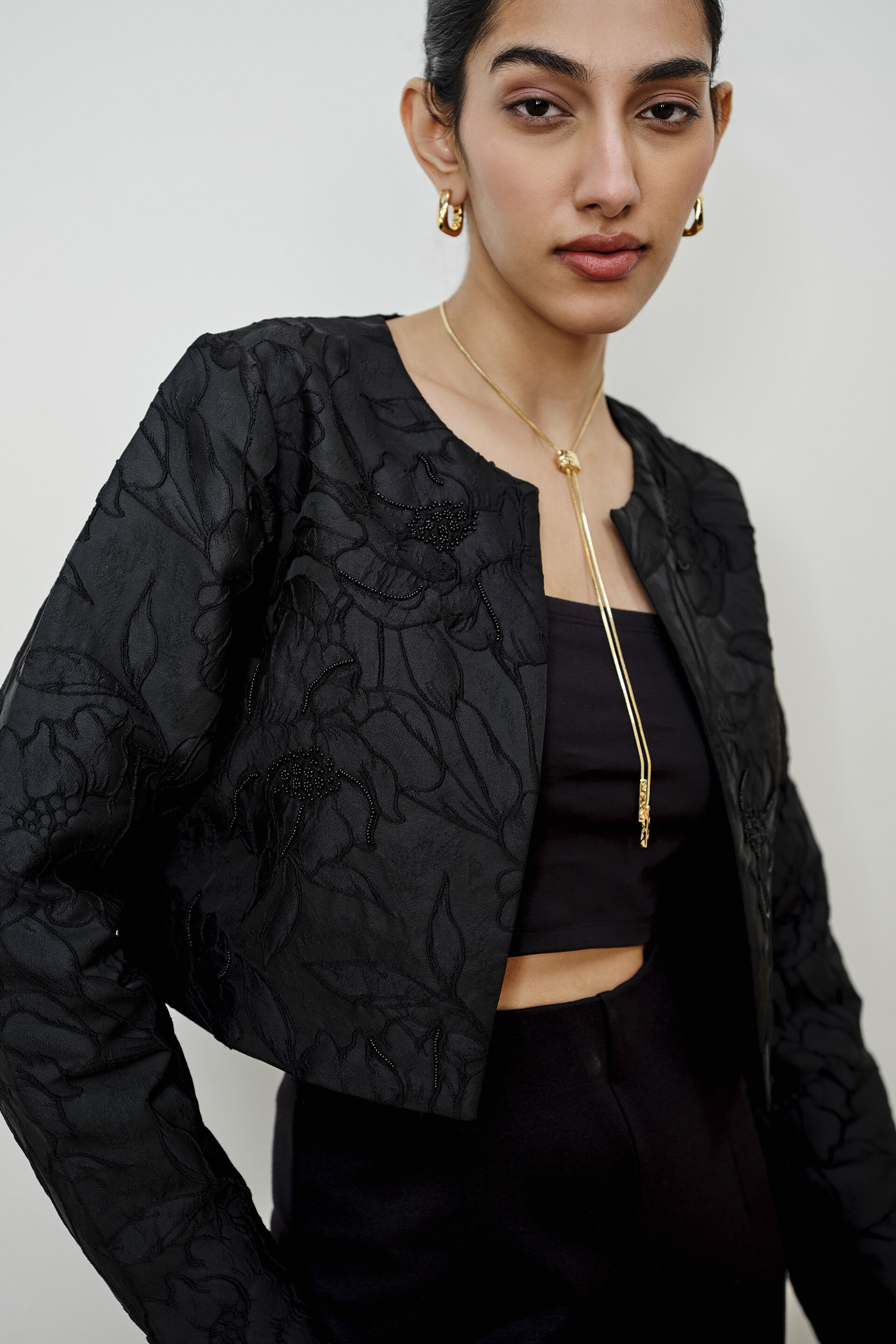 Black Beaded Jacquard Jacket, Black, image 2