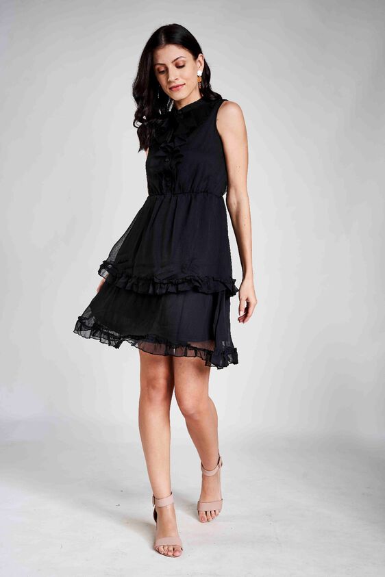 1 - Black Ruffles Band Collar Fit and Flare Short Dress, image 1