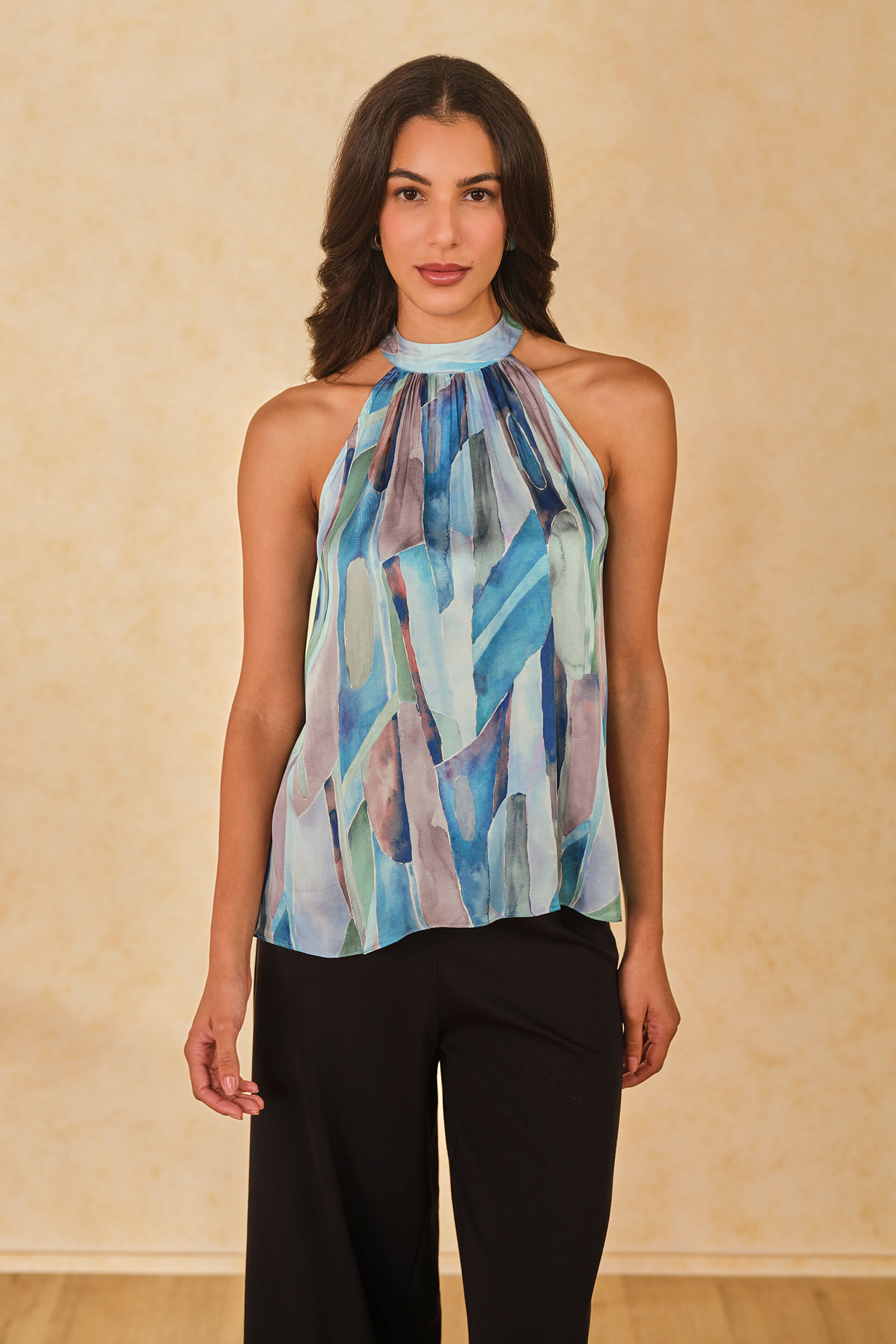 Turquoise Tide Halter Neck Viscose Top, Turquoise, image 3