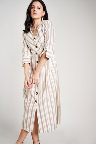 2 - Cream Stripes V-Neck Fit and Flare Cuff Midi Dress, image 2