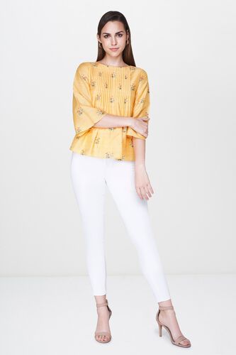 4 - Yellow Floral Pleated Round Neck Peplum Top, image 4