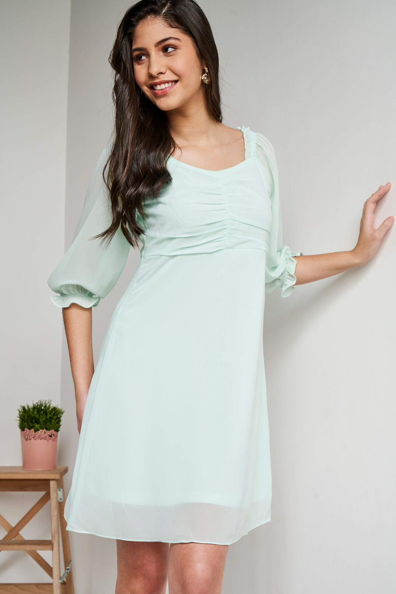 Sea Green Calf Length Flared Fit And Flare Dress, Sea Green, image 3