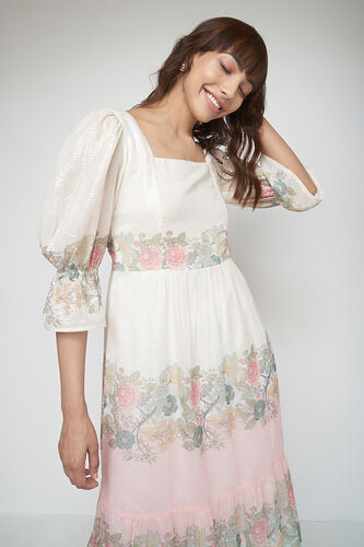Cream Floral Flared Dress, Cream, image 1