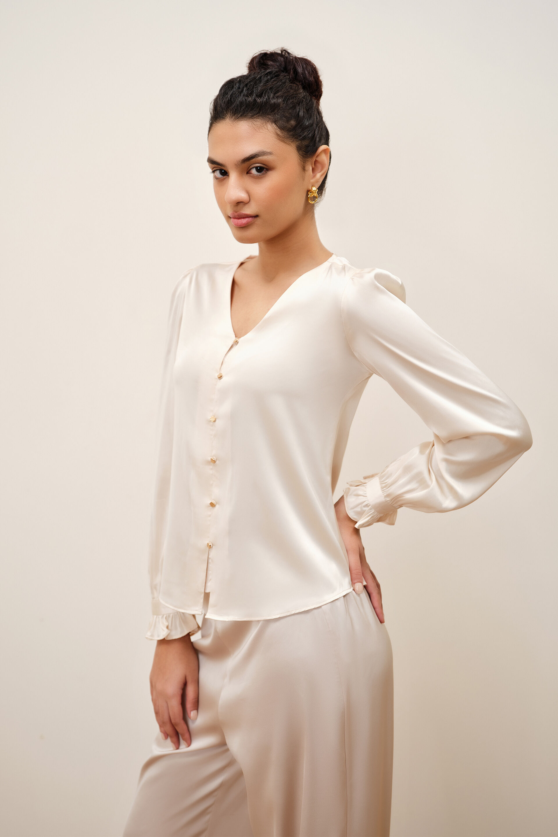 Salvia Cream Satin Top, Cream, image 1