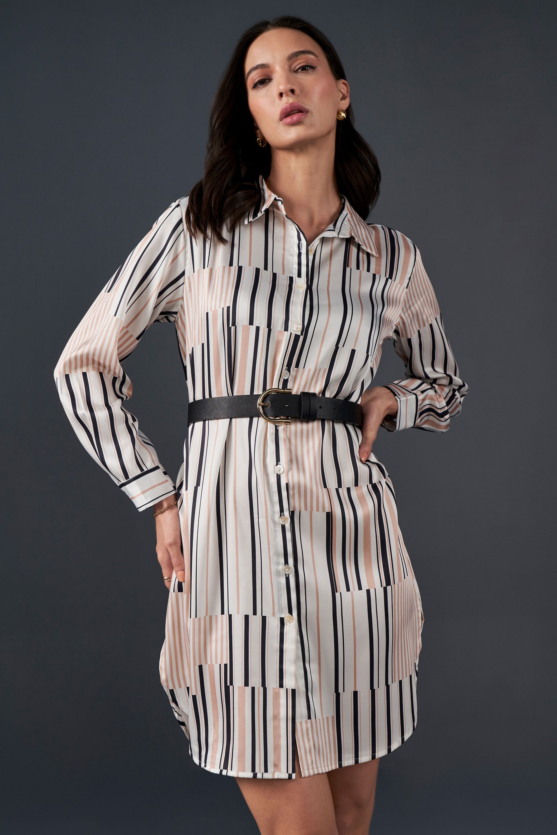 Play on Stripes Shirt Dress, Beige, image 2