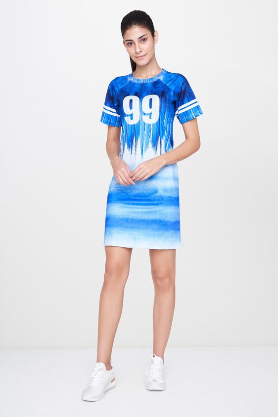 4 - Blue Abstract Round Neck A-Line Dress, image 4