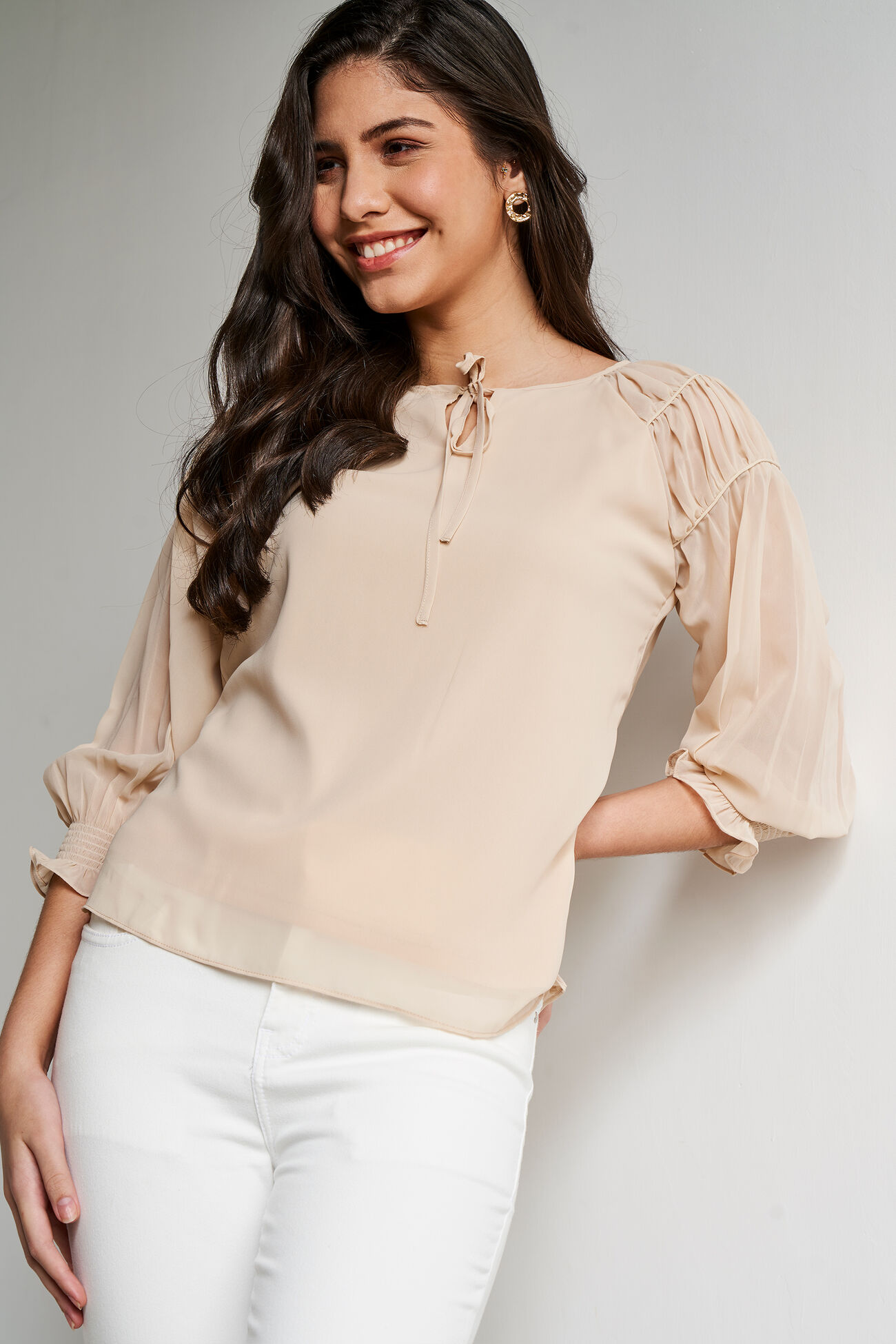Cream Regular Length Straight Blouson Top, Cream, image 1