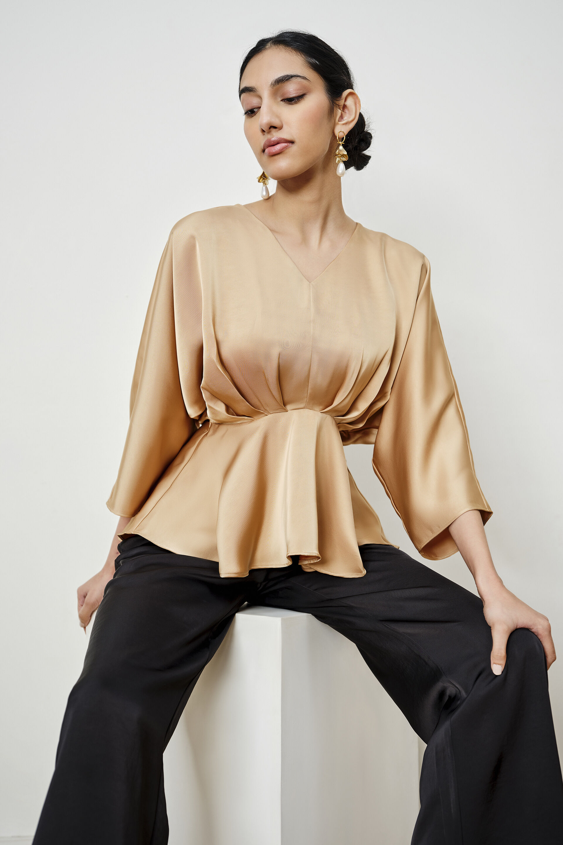 Beige Pleated Peplum Top, Dark Beige, image 3