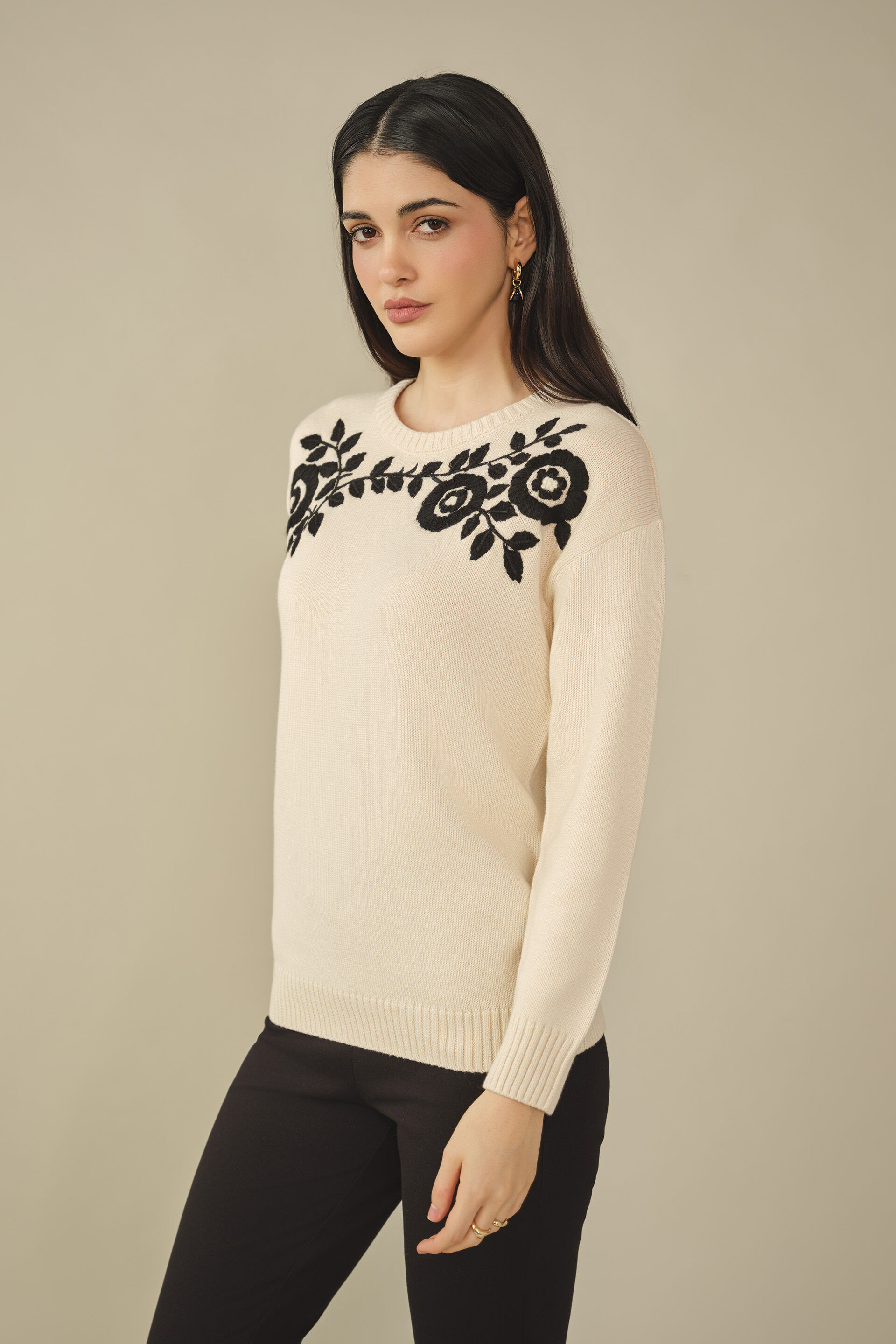 Floral Embroidered Sweater in Beige, Beige, image 5