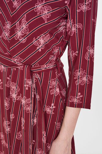 5 - Wine Floral Tie-Ups V-Neck Fit and Flare Midi Dress, image 5