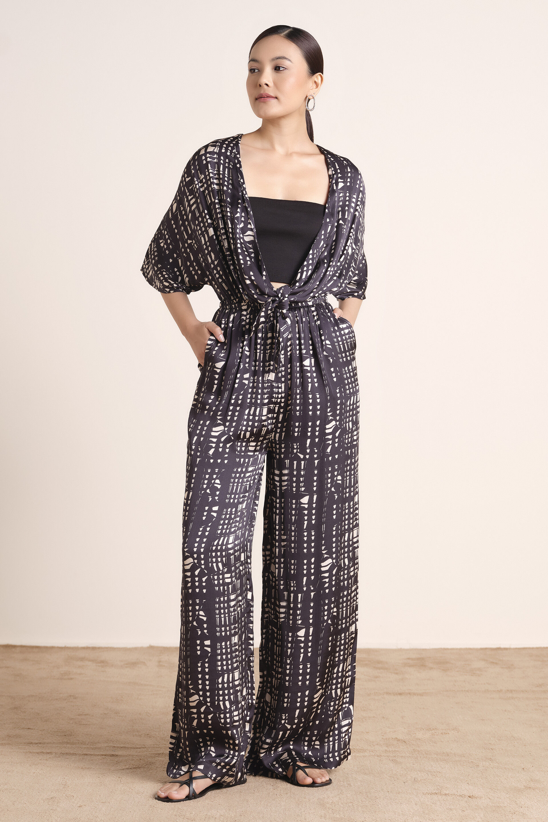 Printed Monochrome Modal Satin Jumpsuit, Black, image 4