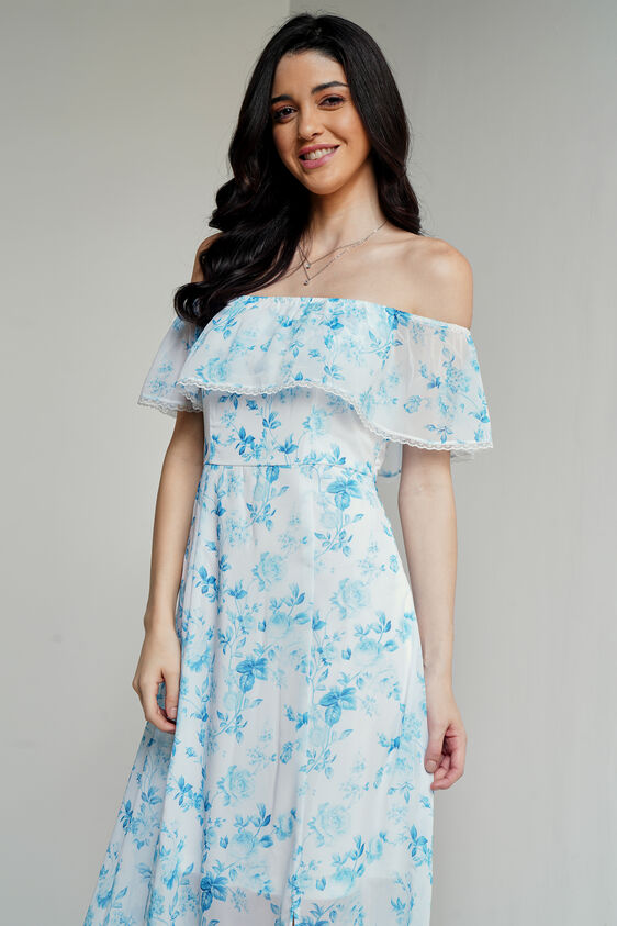 White And Blue Floral Flared Gown, White, image 5