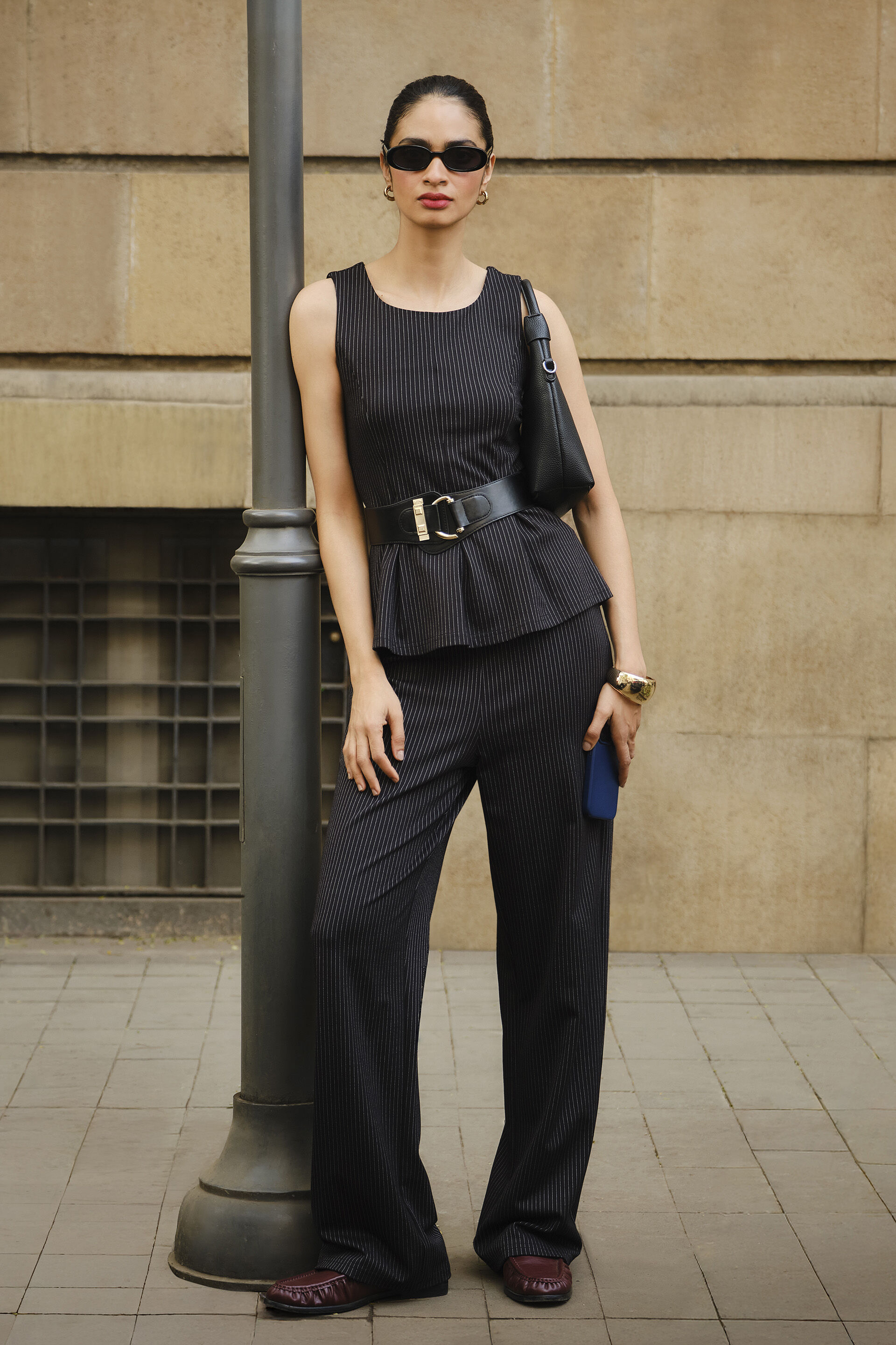 Black Pinstripe Peplum Top, Black, image 2