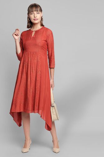 4 - Rust Foil Print Pleated A-Line Regular Tunic, image 4