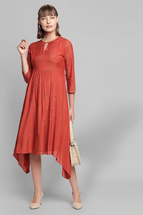 4 - Rust Foil Print Pleated A-Line Regular Tunic, image 4