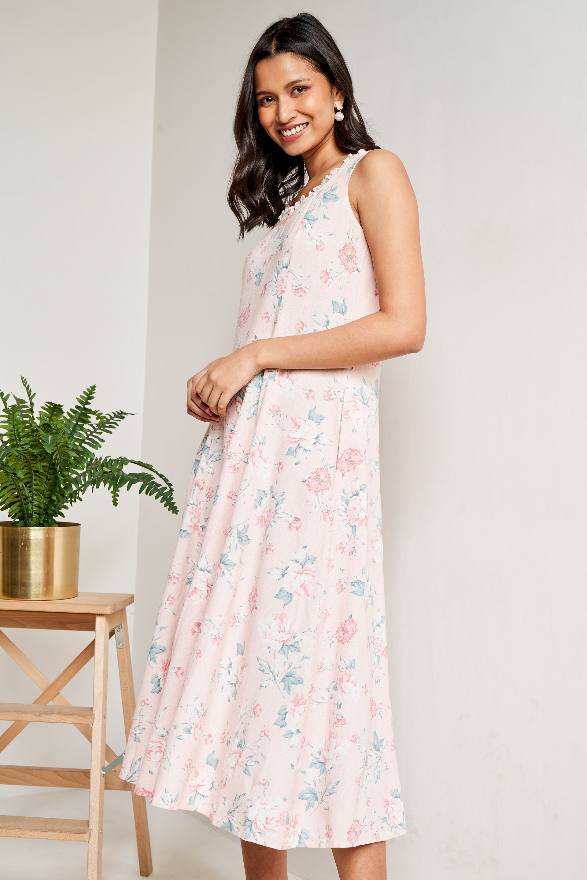 Peach Floral Flared Dress, Peach, image 2