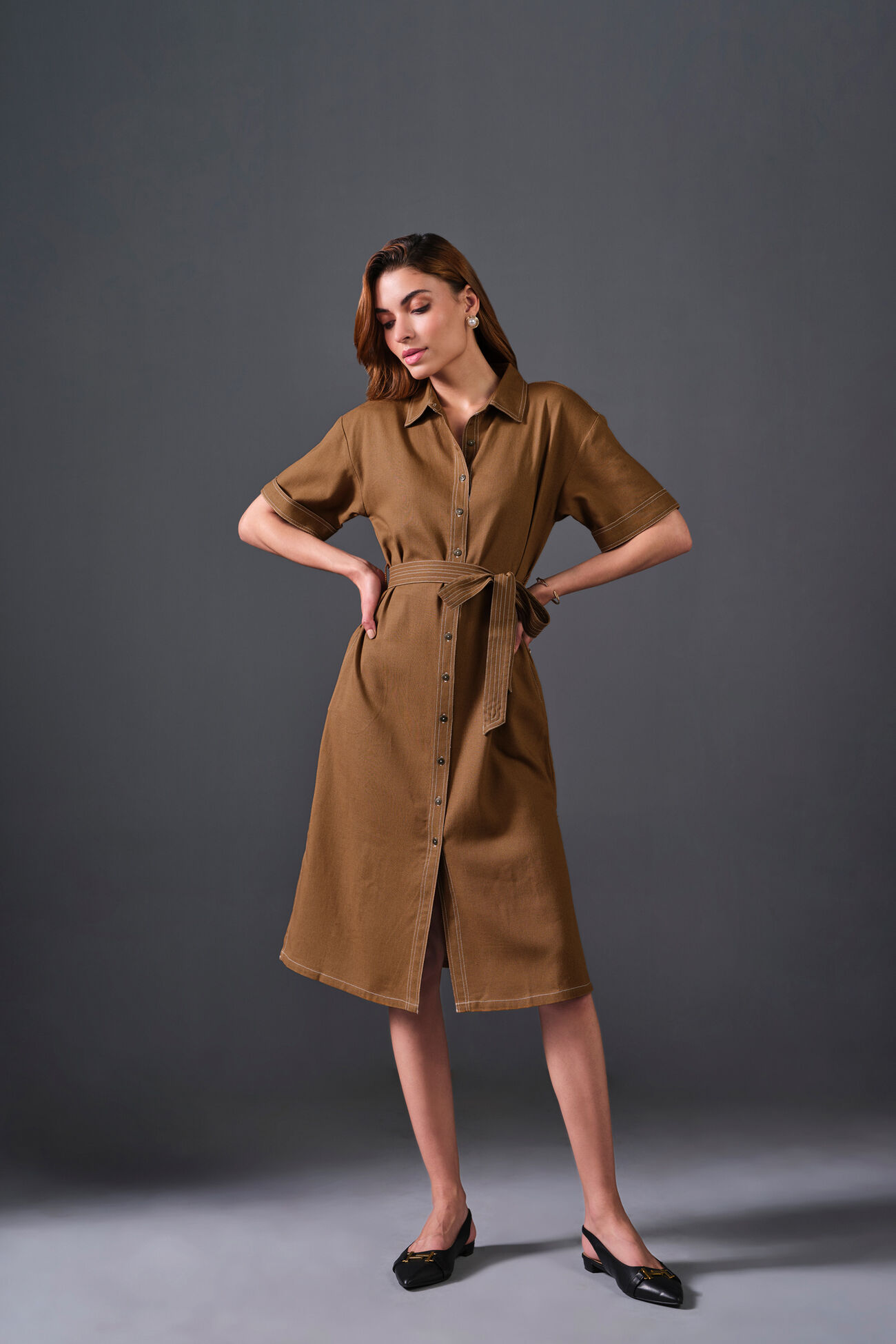 High On Contrast Rayon Dress, Brown, image 1