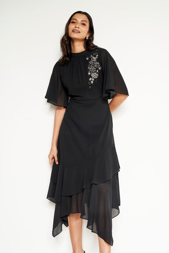 Black Embellished Asymmetrical Dress, Black, image 3