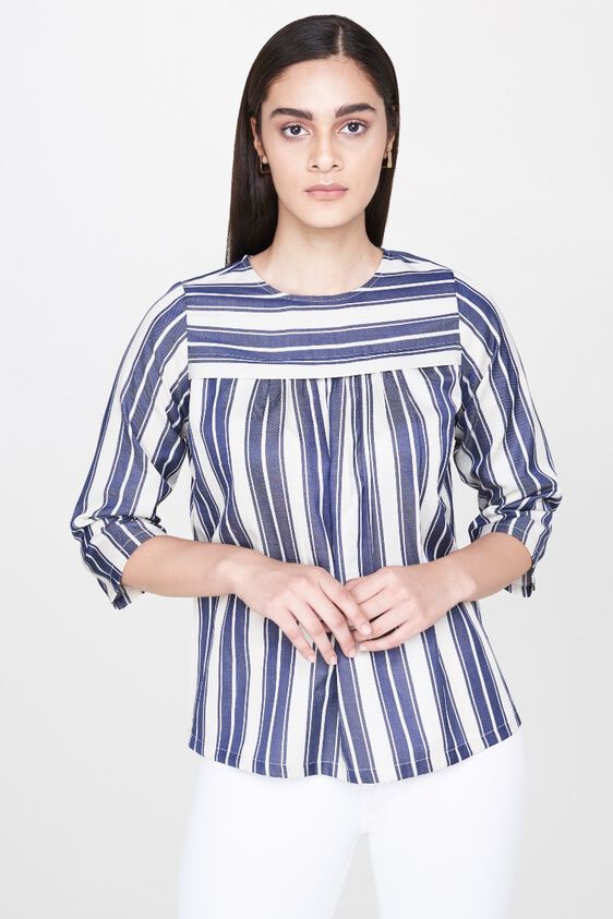 1 - Ecru Stripes Round Neck Blouse Top, image 1