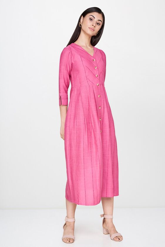 4 - Pink V-Neck Fit and Flare Midi Dress, image 4