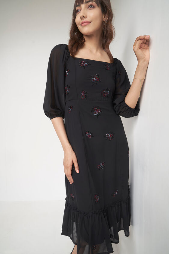 Black Floral Flared Dress, Black, image 2