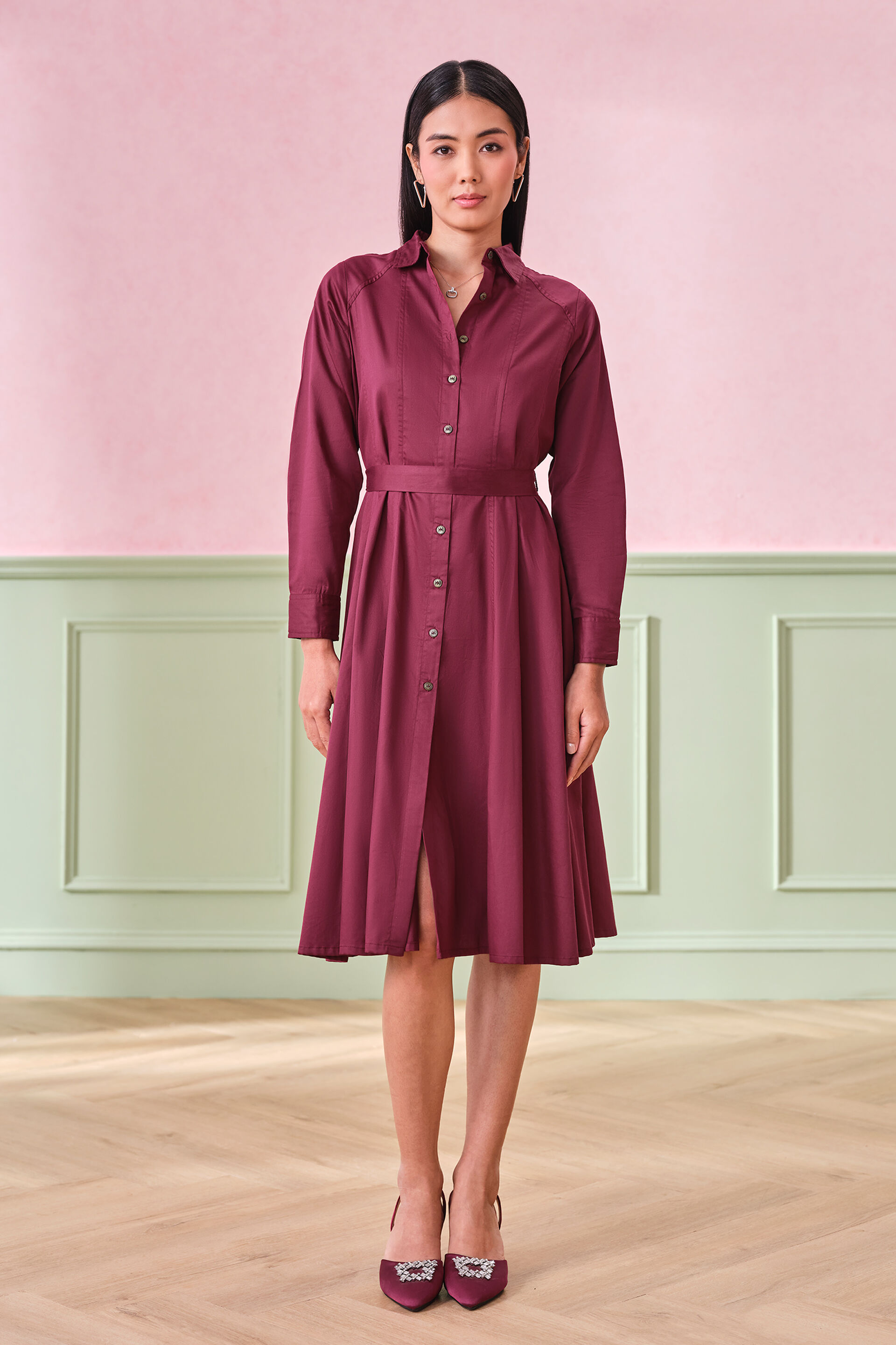 Mulberry Muse Flared Cotton Dress, Wine, image 1