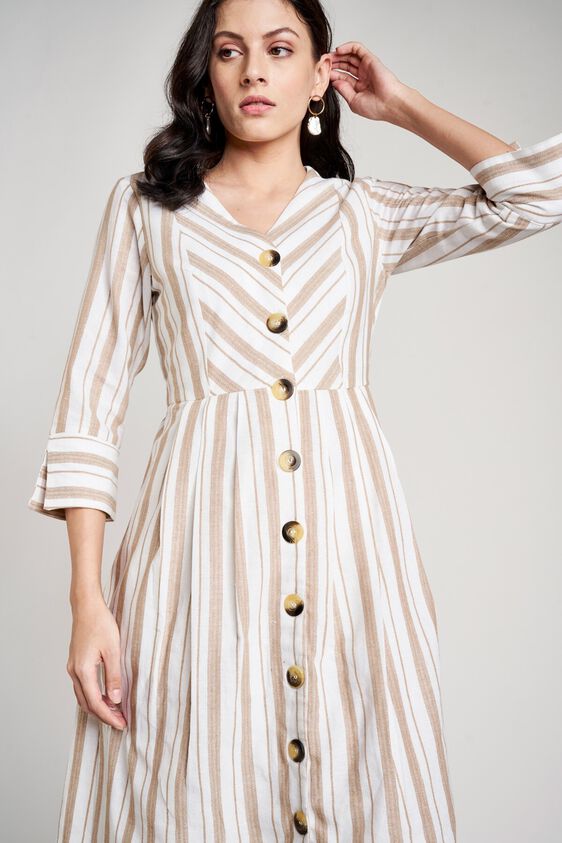 7 - Cream Stripes V-Neck Fit and Flare Cuff Midi Dress, image 7