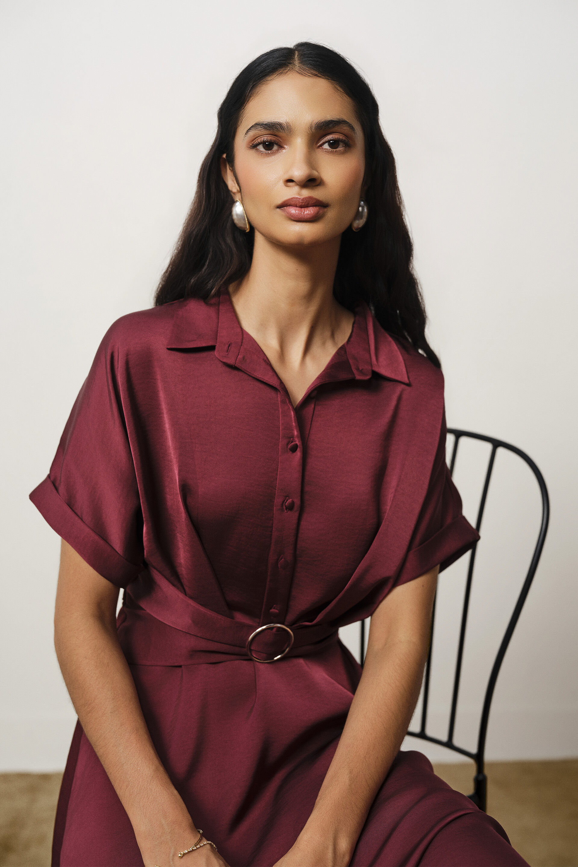 Asymmetric Satin Dress in Wine, Maroon, image 2