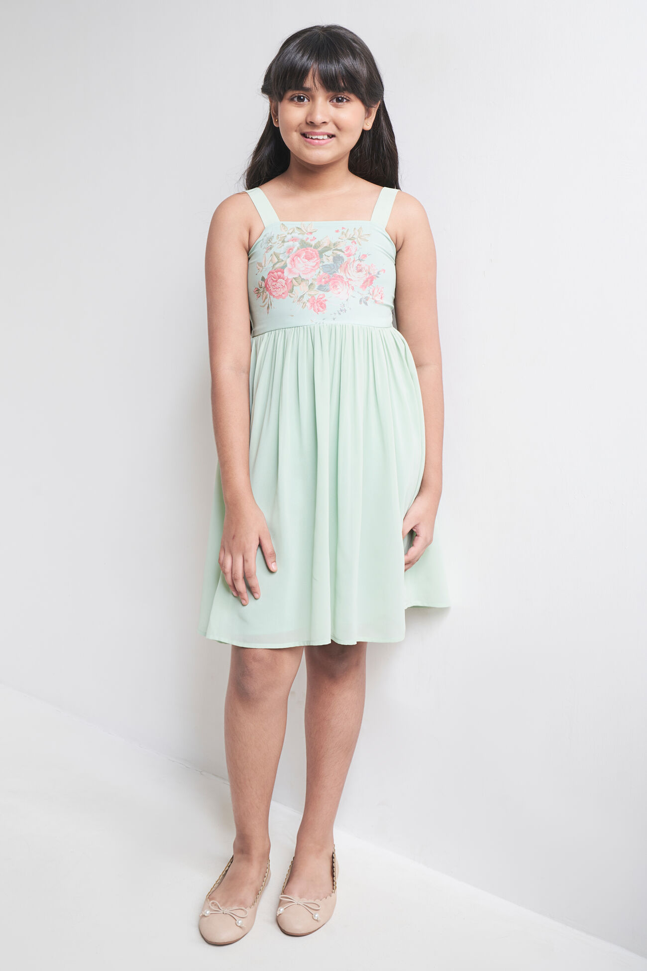 Green Solid Fit And Flare Embroidered Dress, Green, image 2