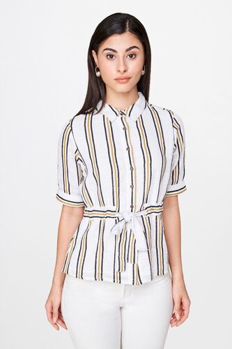 1 - Black - White Stripes Tie-Ups Shirt Style Cuff Top, image 1
