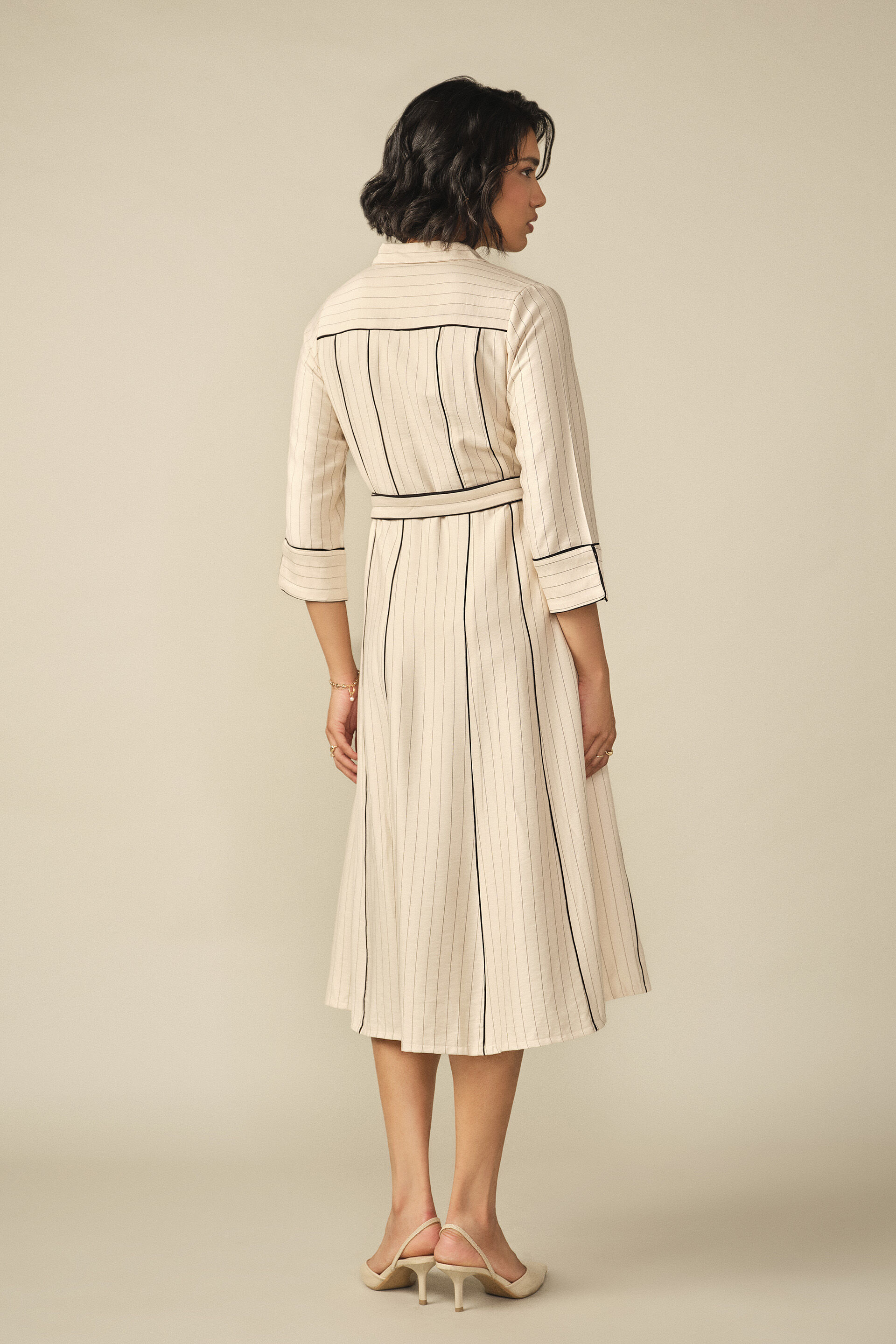 Buy Tie-up Pinstripe Midi Dress in Cream Online for Women from AND India F26V205DRYD_CRM_BLK