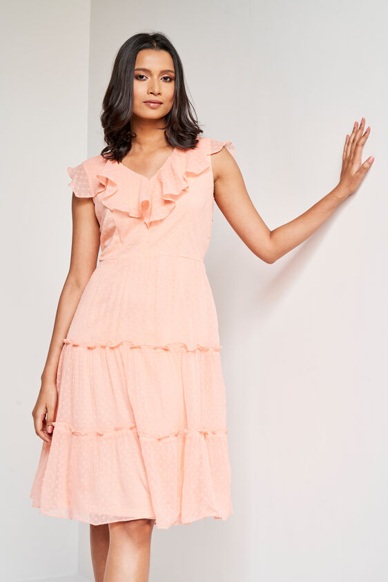 Peach Solid Flared Dress, Peach, image 2