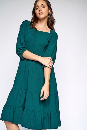 1 - Green Solid Gathered Dress, image 1