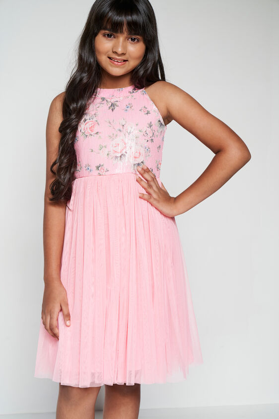 Pink Floral Flared Dress, Pink, image 1