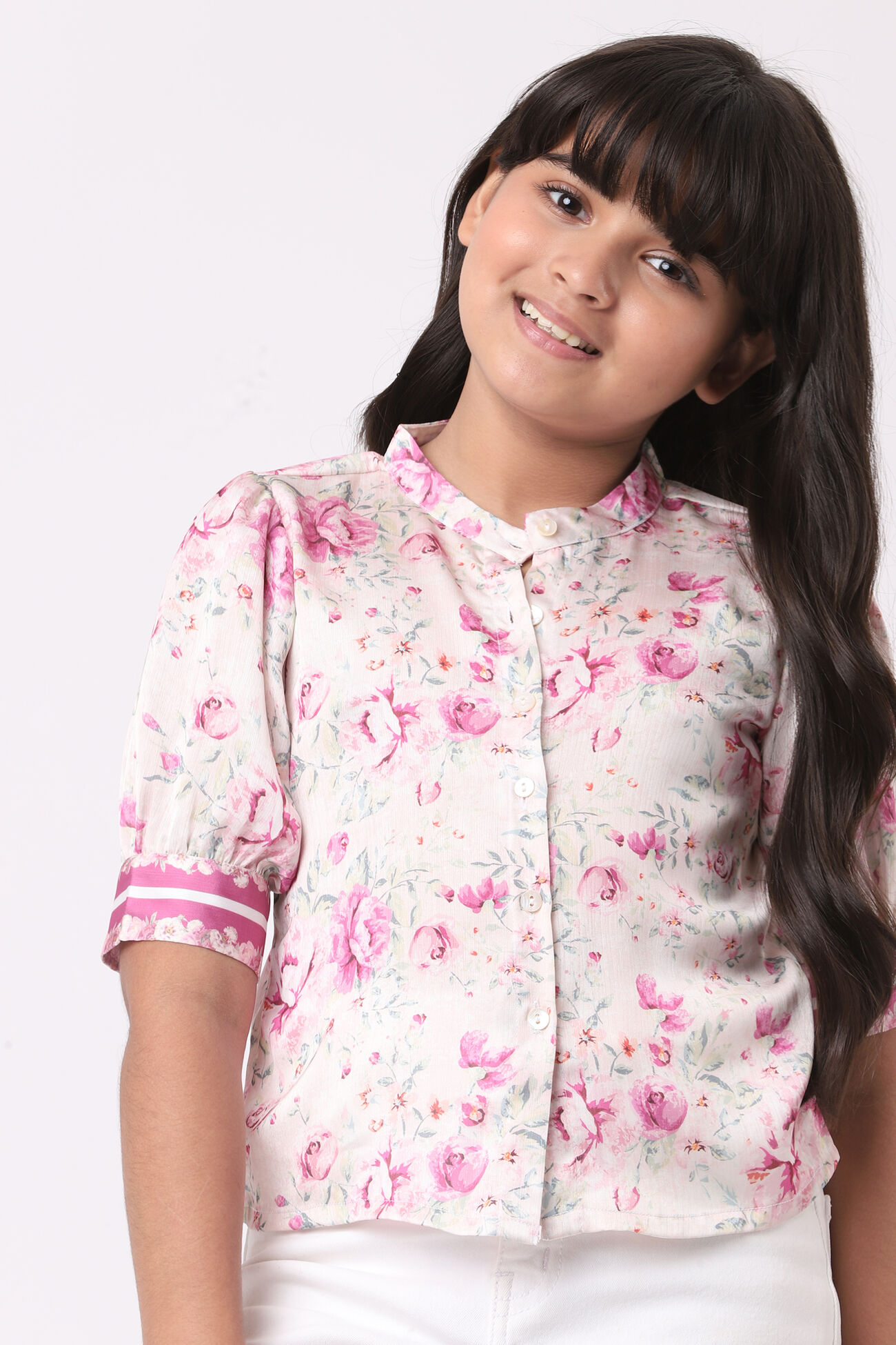 Cream and Pink Floral Straight Top, Cream, image 2