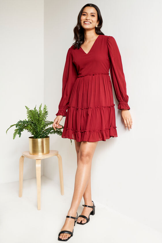 Maroon-Flared Summer Dress, Maroon, image 2
